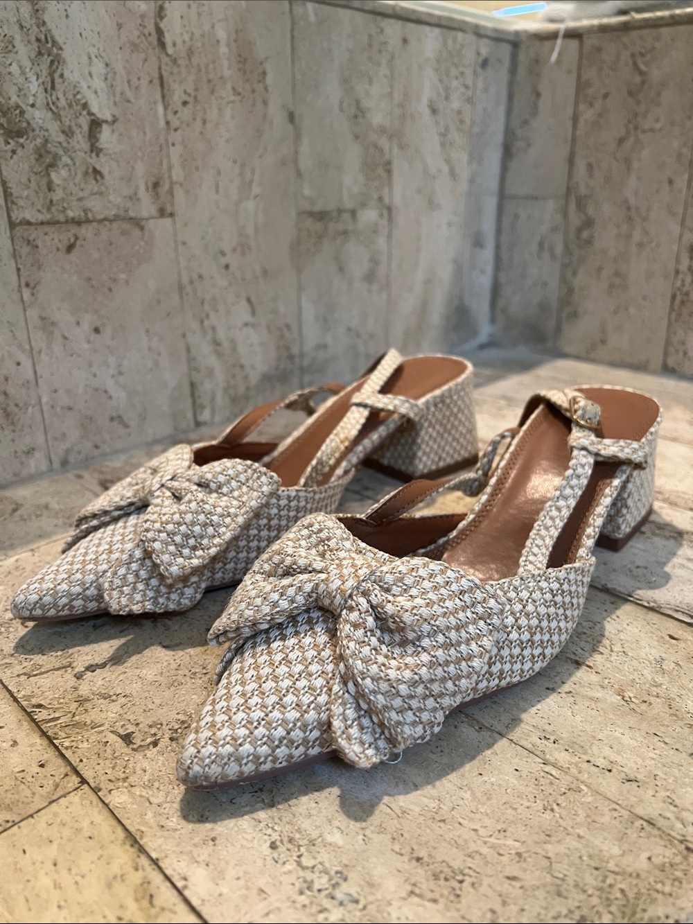 ASOS Beige Woven Bow Pointed Slingback Block Heels
